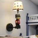 Resin Bear Soldier Wall Lighting Cartoon 1-Light Black Sconce Lamp with Tapered Fabric Shade