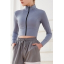 Workout Womens Yoga Jacket Plain Quick Dry Zipper up Cropped Stand Collar Skinny Fit Long Sleeve Jacket