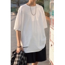 Basic T-Shirt Mens Solid Color Ripped Hem Crew Neck Half Sleeve Loose Fit T-Shirt