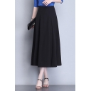 Womens Elegant Skirt Solid Color High Rise Mid A-line Skirt in Black