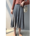 Stylish Womens Skirt Solid Color Knitted Elastic Waist Mid Pleated A-line Skirt