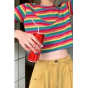 Fancy Women's Tee Top Stripe Pattern Crew Neck Short Sleeve Relaxed Fit T-Shirt