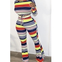 Chic Girls Set Stripe Printed Ribbed Long Sleeve Round Neck Drawstring Hem Fit Crop Tee & Flared Pants Set