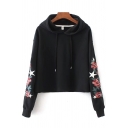 Long Sleeve Floral Embroidered Leisure Drawstring Hoodie