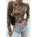Girl's Yellow Stylish Long Sleeve High Neck Leopard-Print Fitted Bodysuit with Gloves