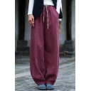 Basic Womens Pants Linen Solid Color Drawstring Waist Long Straight Pants