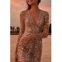 Stylish Womens Dress Sequined Decoration Glitter Sheer Mesh Long Sleeve Deep V-neck Short A-line Dress in Gold