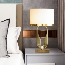 Round Fabric Table Light Traditional Single-Bulb Bedside Nightstand Lighting with Metallic Base