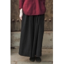 Leisure Black Pants Mid Waist Solid Color Ankle Length Wide-leg Pants for Women