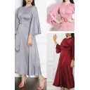 Classic Womens Dress Muslim Satin Tie-Waist Long Ruffle Sleeve Maxi Crew Neck Slim A-Line Swing Dress