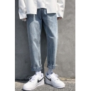 Street Mens Jeans Bleach Mid Waist Plain Ankle Length Straight Jeans