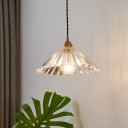 Retro Style Cone Suspension Lighting 1 Head Clear Ribbed Glass Pendant Ceiling Light for Bedside