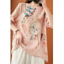 Classic Womens Shirt Floral Pattern Cotton Linen Slanting Frog Button Detail 3/4 Sleeve Crew Neck Loose Pullover Shirt