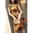 Womens Dress Basic Allover Pattern Silk Side Split Cap Sleeve Mandarin Collar Slim Fit Knee-Length Cheongsam Dress