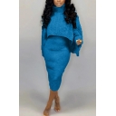 Novelty Womens Dress Set Plain Color Cable Knit Loose Long Drop-Sleeve Cropped Turtle Neck Sweater with Midi Tank Dress