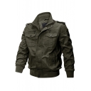 Trendy Mens Jacket Plain Color Epaulets Flap Chest Pockets Full-Zipper Long Sleeve Stand Collar Slim Fit Work Jacket
