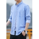 Cozy Men's Shirt Solid Color Button Closure Pocket Turn-down Collar Long Sleeve Regular Fitted Shirt