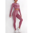 Women's Training Set Round Neck Long Sleeve Tee with High Rise Ankle Length Skinny Leggings
