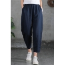 Retro Ladies Pants Linen and Cotton Elastic Waist Solid Ankle Length Tapered Fit Pants