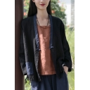 Ladies Simple Coat Linen Contrasted Long Sleeve Deep V-neck Patched Pocket Loose Fit Coat