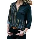 Womens Stylish Colorblock Stripe Pattern One Pocket Patched Chest Loose Fit Button-Up Shirt