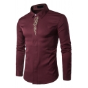 Trendy Men's Shirt Tribal Embroidered Button Closure Point Collar Long Sleeve Regular Fitted Shirt