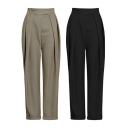 Chic Womens Pants Plain Satin Mid Rise Pleated Ankle Length Straight Pants