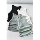 Simple Womens Tank Solid Color Sleeveless Crew Neck Ruched Fit Tank Top