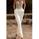 Ladies Amazing Jumpsuit Patchwork Strapless Sequins Decoration Ankle Straight Jumpsuit in White