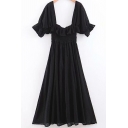 Womens Gorgeous Dress Short Sleeve Square Neck Midi Pleated A-line Dress in Black