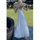 Womens Dress Trendy Solid Color Backless Tie-Shoulder Maxi Sleeveless A-Line Deep V Neck Tiered Dress in White