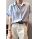 Simple Womens Shirt Plain Roll-up Sleeve Spread Collar Button Up Loose Fit Shirt Top