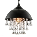 Industrial Retro Large Pendant Light with Hanging Crystal in Black Dome Shade for Restaurant Cafe Bedroom