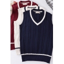 Leisure Women's Knit Vest Contrast Stripe Pattern Ribbed Trim V Neck Sleeveless Cable Knit Relaxed Fit Pullover Vest