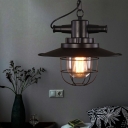 Black Saucer Hanging Light Fixture Industrial Metal Single Dining Room Drop Lamp with Cage