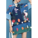Fashionable Cheongsam Dress Cartoon Pattern A-Line Mandarin Collar Loose Fit Half Sleeve Midi Dress for Women