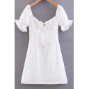 Womens Lovely Dress Puff Sleeve Sweetheart Neck Tied Front Mini A-line Dress in White