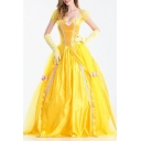 Womens Gorgeous Yellow Dress Contrated Pipe Sheer Short Sleeve Square Neck Floral Panel Maxi Swing Dress with Gloves