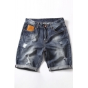 Summer Vintage Blue Washed Ripped Detail Rolled Cuff Blue Slim Fit Denim Shorts