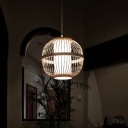 Wood Sphere Ceiling Hanging Lantern Chinese Single-Bulb Bamboo Suspension Pendant Light