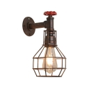 Rust 1-Light Wall Sconce Industrial Wrought Iron Cage Wall Lighting Fixture with Decorative Valve