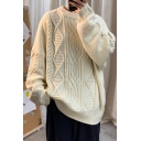 Cozy Men's Sweater Cable Knit Ribbed Trim Round Neck Long Sleeve Relaxed Fit Sweater