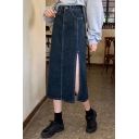 Fancy Women's Denim Skirt High Split Slant Pocket High Rise Long Straight Denim Skirt