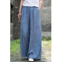 Simple Womens Pants Solid Color Drawstring Waist Long Length Wide-leg Pants