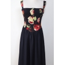 Black Fashionable Dress Flower Print Panel Button Up Mid A-line Pleated Tank Dress for Girls