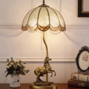 Brass Steed Table Lamp Traditional Metal 2-Bulb Bedside Night Light with Dome Glass Shade and Pull Chain
