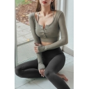 Womens Co-ords Fitness Plain Color Seamless Button down Scoop Neck Cropped Long Sleeve T-Shirt Skinny Fit High Waist Yoga Leggings Set