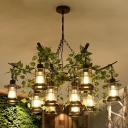 Clear Glass Lantern Ceiling Chandelier Industrial Restaurant Pendant Light in Black with Fake Ivy Decor
