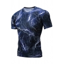 Gym Mens T-Shirt Lightning Print Skinny Fit Quick Dry Short Sleeve Crew Neck Tee Top