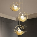 Opal Glass Egg Ceiling Hang Lamp Artistry 3-Bulb Gold Cluster Pendant with Bird and Nest Decor
